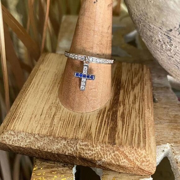 Sapphire Cross Dangle Sterling Silver CZ Ring Sizes 9,10 - Picture 2 of 6